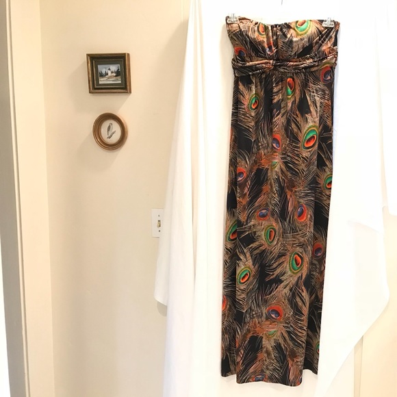 Strapless Maxi Peacock Print Dress by Poetry - Picture 2 of 6